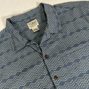 LL Bean‎ Mens Large Tall Blue Aztec Mayan Hawaiian Short Sleeve Button Up Shirt